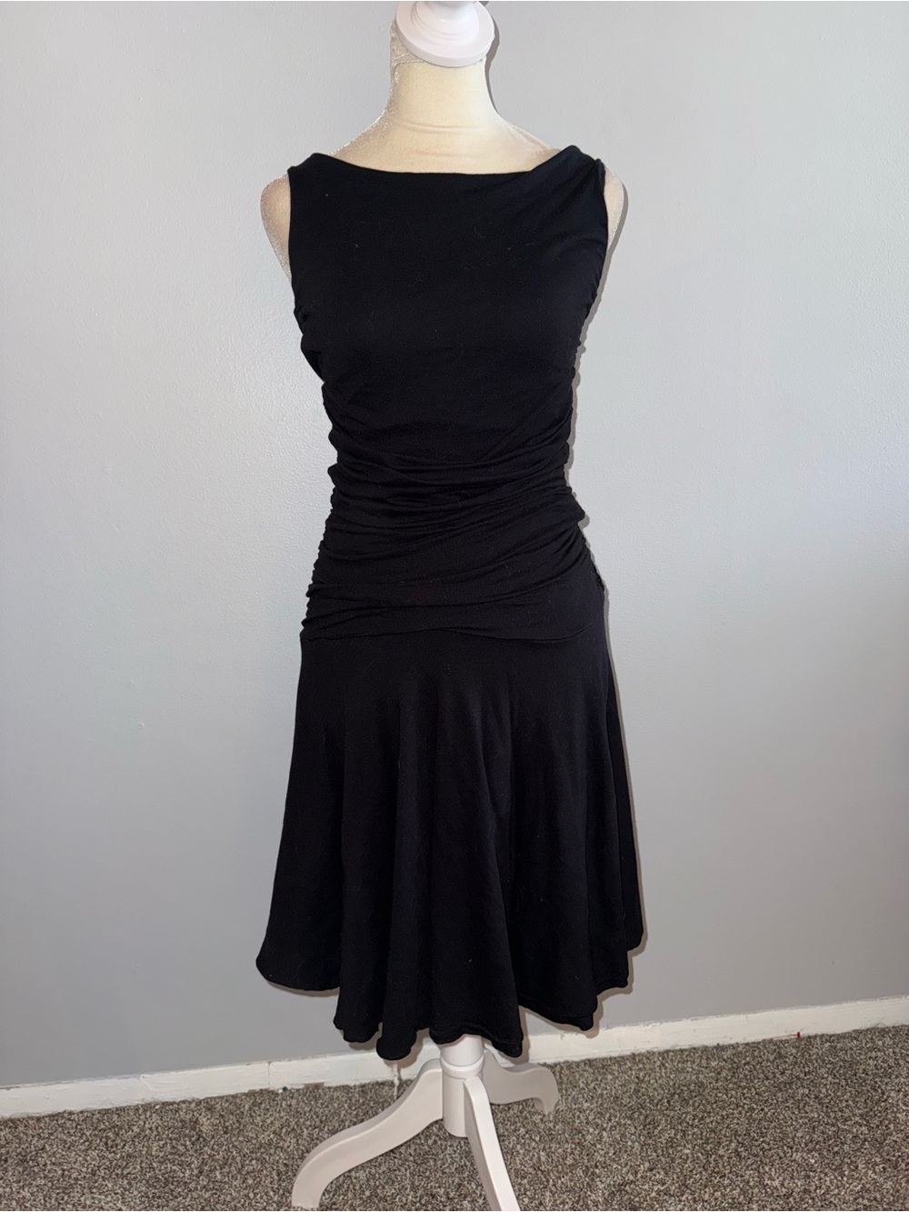 Velvet Black Sleeveless Ruched Drop Waist Midi Dress